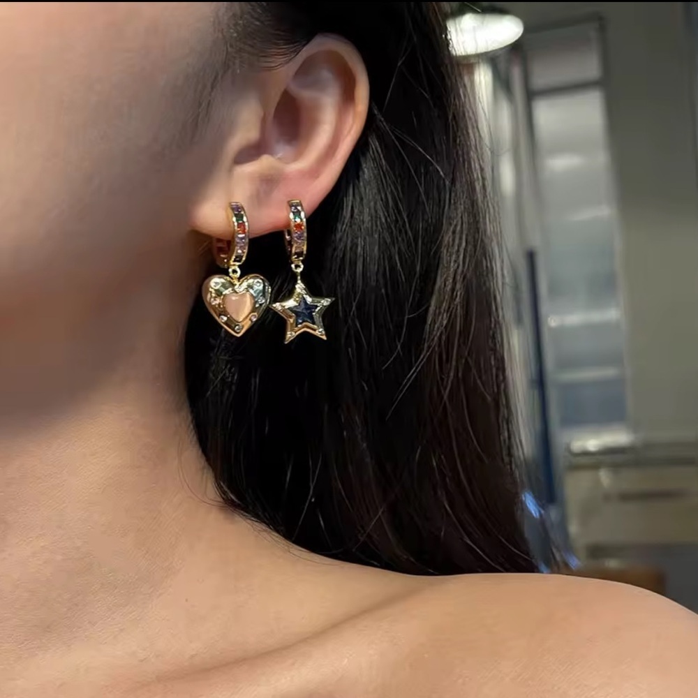 Gold Rainbow Charm Earrings –Heart & Star Drop, Colorful Crystal Statement Hoops